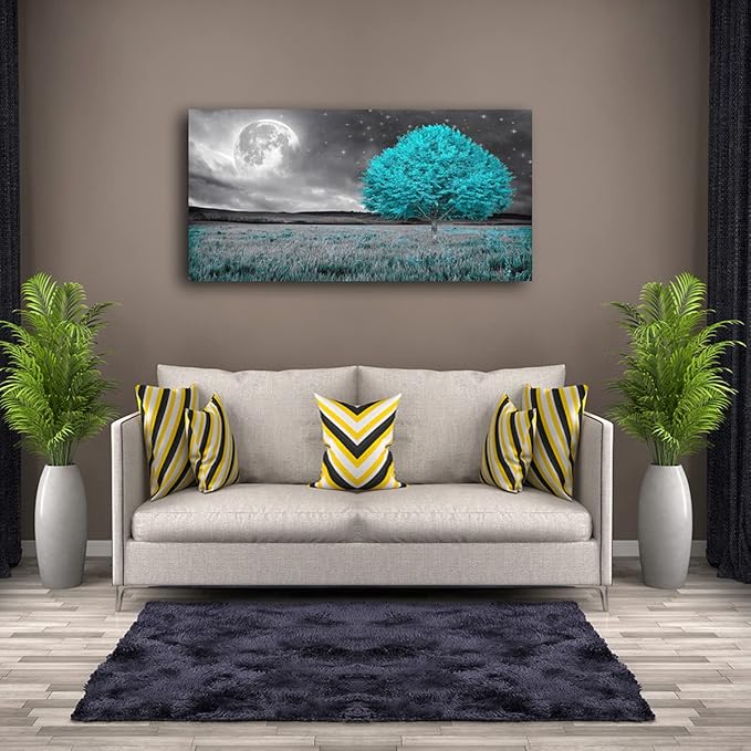 Tree of Life Wall Art Picture Canvas Prints Room Wall Décor Blue Tree with Full Moon Paintings for Living Room Bathroom Bedroom Home Kitchen Decorations Natural Artwork Wooden Framed 20x40inches
