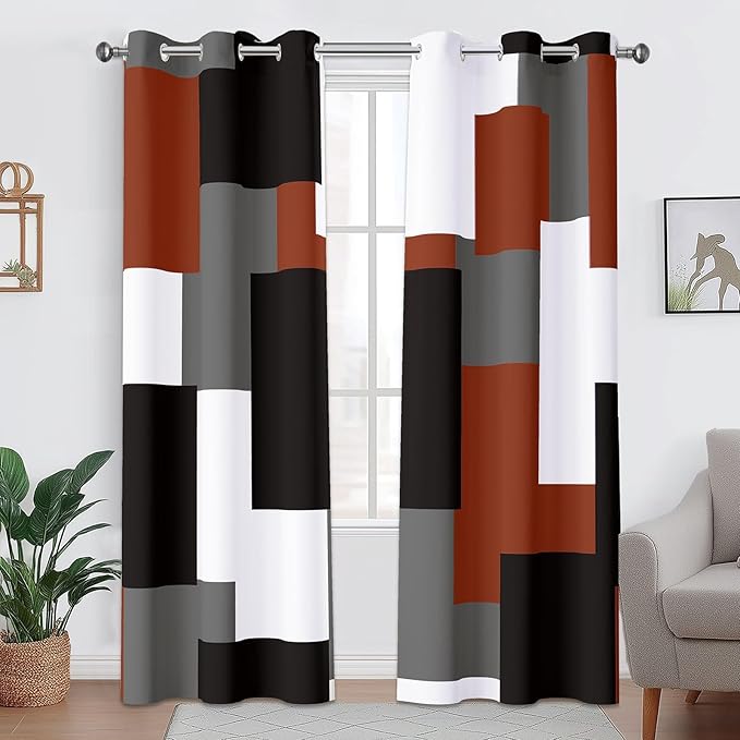 Burnt Orange 100% Blackout Curtains for Bedroom 72 inch Length 2 Panels Set Grey Modern Abstract Geometric Fall Black Out Curtains Insulated Room Darkening Window Drapes for Living Room, 42Wx72L