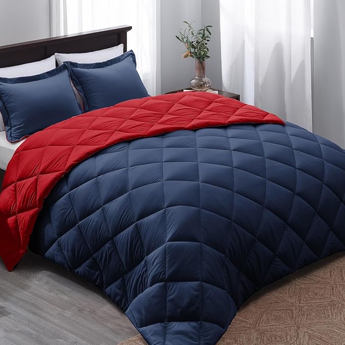 Basic Beyond King Size Navy and Red Comforter Set - Reversible King Bed Comforter Set for All Seasons, 104"x92", 2 Pillow Shams (20"x36"+2")