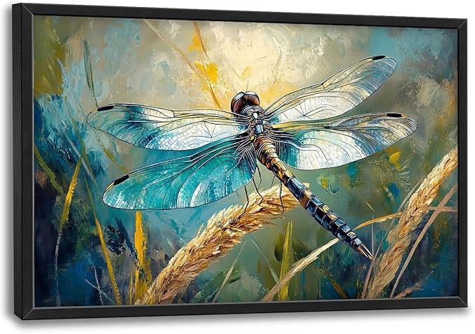 Olivine Dragonfly Wall Art, Vintage Dragonfly Pictures Wall Decor, Nature Painting, Insect Canvas Prints, Framed Artwork for Bathroom Bedroom Living Room Office Home Decoration 36"x24"