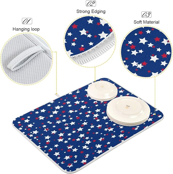 USA Patriotic Stars Memorial Dish Drying Mat 18 X 24 Inch Red Blue White Independence Day Dry Dishes Pads Tableware Mats Protector for Kitchen Countertops Counter Home Decorations