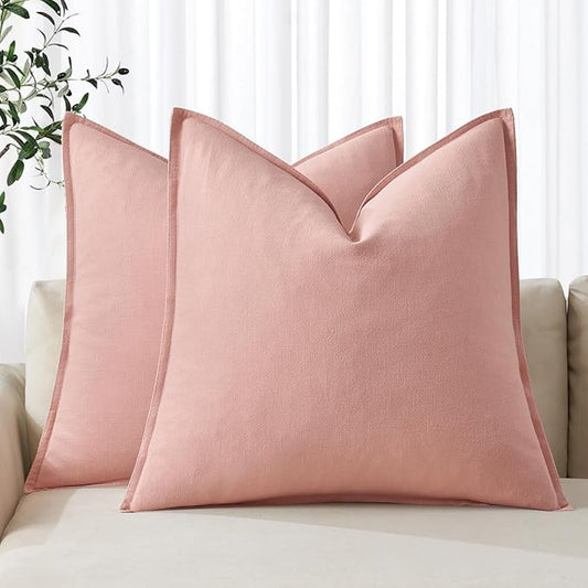 MIULEE Decorative Linen Pillow Covers 18x18 Inch Pink Boho Farmhouse Neutral Couch Throw Pillows for Bed Pack of 2 Accent Modern Pillowcase Sofa Livingroom Home Decor