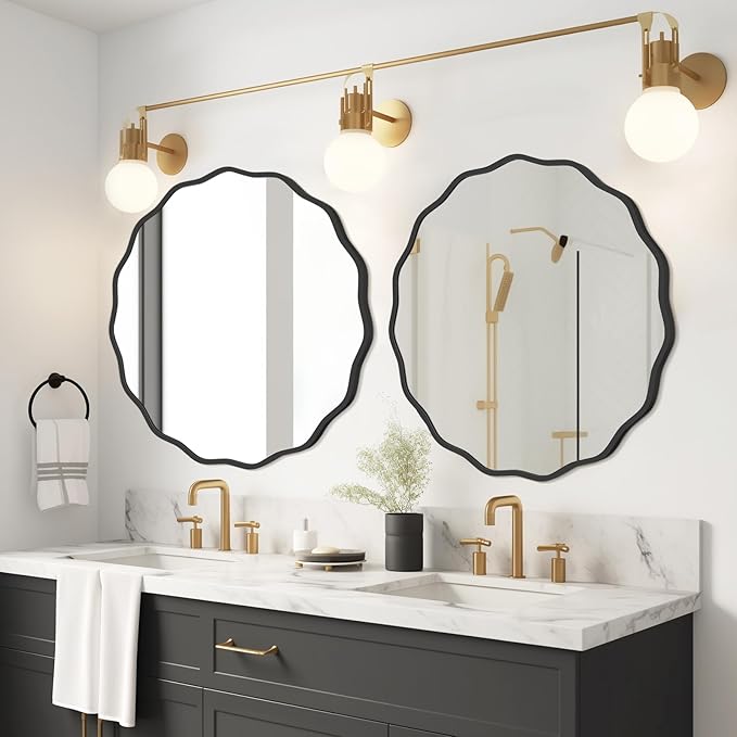 WallBeyond Round Wavy Mirror for Wall Decorative 28 inch, Modern Round Mirror Aluminum Frame for Bathroom Bedroom Living Room Home House Office Entryway, Black