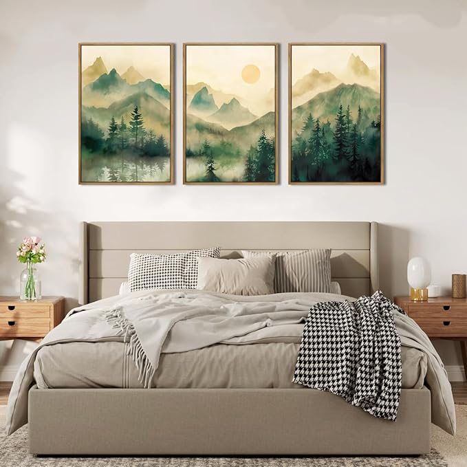 IARTTOP Large Mountain Framed Canvas Wall Art 16x24 Inch Green Foggy Forest Landscape Art Prints Set of 3 Nature woodland Landscape Wall Decor for Living Room Bedroom Office