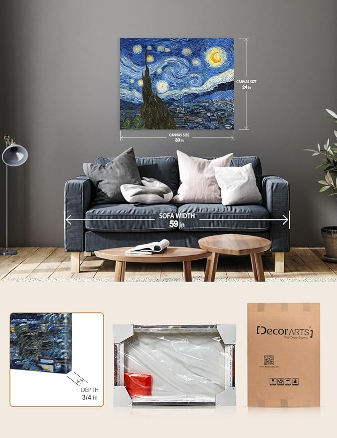 DECORARTS - Starry Night, Vincent Van Gogh Art Reproduction. Giclee Canvas Prints Wall Art for Home Decor 30x24