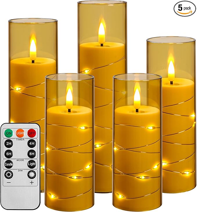 Da by Flameless Candle Light, Battery Candle with recessed String Lights, 5 flameless Candles with 11-Key Remote Control, 24-Hour Timer Function, Champagne Color