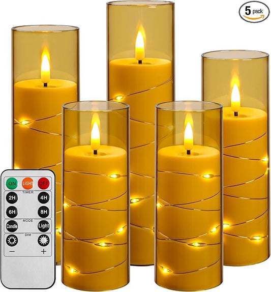 Da by Flameless Candle Light, Battery Candle with recessed String Lights, 5 flameless Candles with 11-Key Remote Control, 24-Hour Timer Function, Champagne Color