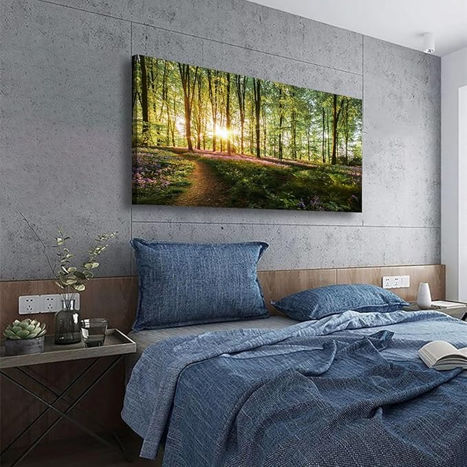 Green Forest Wall Art for Living Room Bedroom Office Large Landscape Nature Tree of Life Canvas Wall Art Kitchen Sunlight Grass Purple Flower Pictures Modern Wall Decor Paintings Artwork 20 * 40inch