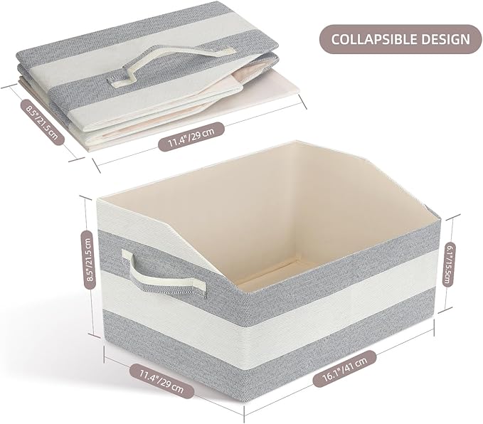 Linen Closet Organizers and Storage, Trapezoid Fabric Bins, Home Office Organization Baskets Striped Collapsible Box with Handles for Clothes, Blanket, Books, DVD, 4 Pack, Gray/White