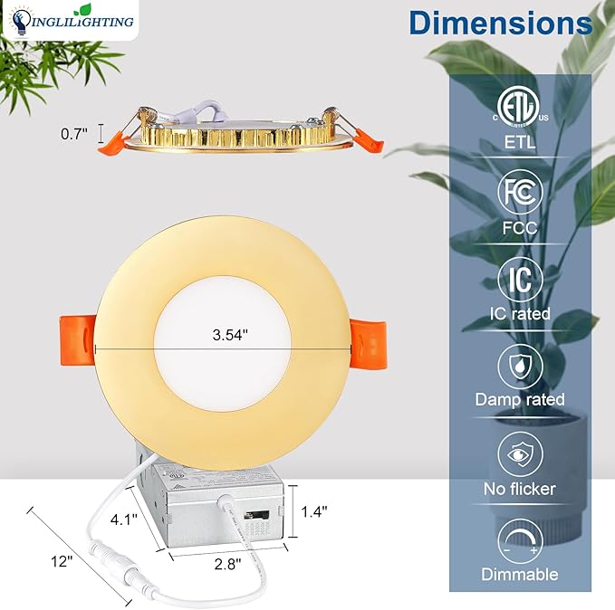 DLLT LED Recessed Ceiling Lights: 12 Pack 3 Inch 5CCT Ultra-Thin Lighting with Junction Box for Bedroom - 600LM Brightness 6W Eqv 50W Dimmable Canless Wafer Downlight with ETL&FCC-Gold