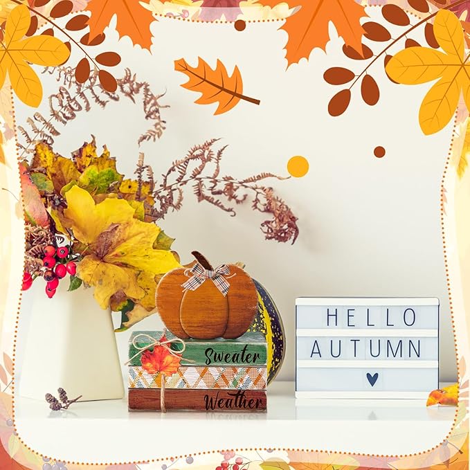 4 Pcs Fall Decorations for Home Fall Tiered Tray Decor Thanksgiving Wood Book Stack with Sign Autumn Stacked Book Decor Bundle for Office Table Shelf Decorative Trays(Pumpkin)
