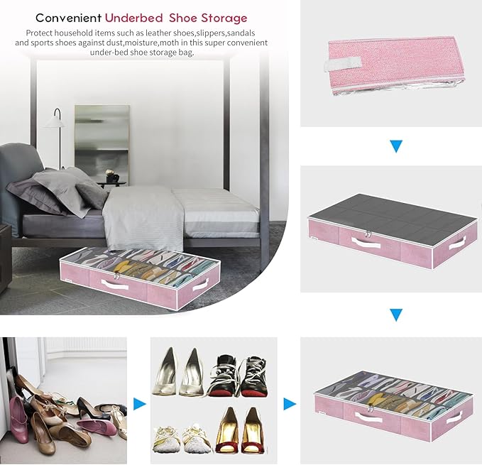 Onlyeasy Large Under Bed Shoe Organizer Container Box, Set of 2, Fit 16 to 32 Pairs of shoes, Underbed Shoes Closet Storage Solution, L37.7x W23.6x H5.9 inch, Cotton-like Pink, MXPUBS16P2