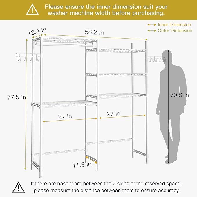 Ulif U5 Over the Washer and Dryer Storage Shelf, Laundry Room Space Saver Bathroom Storage and Organizer Rack for Hanging Towels and Drying Clothes with 5 Wire Shelves, 58.2"W x 13.4"D x 77.5"H, White