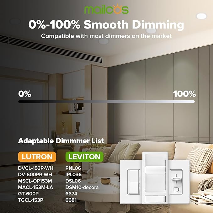 MAILCOS 4 Pack 6 Inch 5CCT Ultra-Thin LED Recessed Ceiling Light with Junction Box, 2700K-5000K Selectable, 1050LM High Brightness, Dimmable Canless Wafer Downlight, 12W 120V, ETL