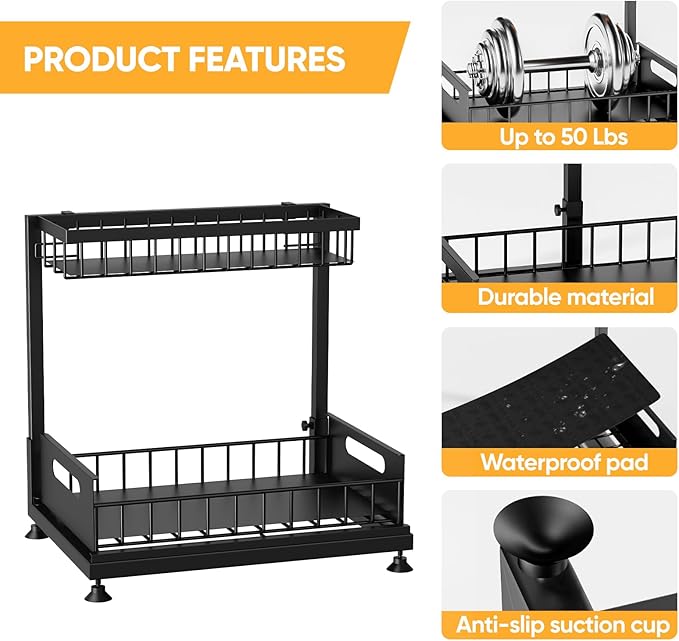 2 Pack Under Sink Organizer Storage 2-Tier Premium Metal Pull-Out Racks, Height Adjustable, Easy Installation | Kitchen & Bathroom Organizers