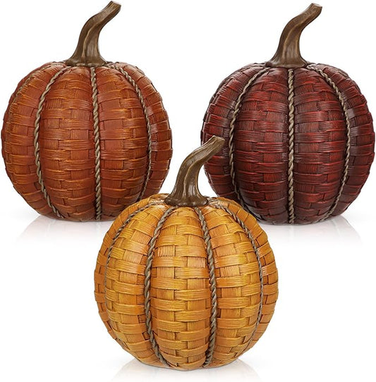 6 Inch Large Artificial Pumpkins, 3 Pcs Fall Pumpkin Decor Orange Clay Brown Dark Red Faux Resin Pumpkins Woven Pumpkin Centerpiece for Rustic Farmhouse Fall Thanksgiving Autumn Harvest Table Decor