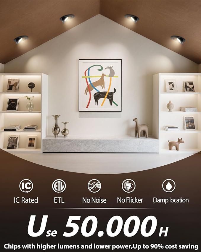 zouzai 1 Pack 4 inch Black 5CCT LED Gimbal Led Recessed Light with Junction Box, 360°+90° Adjustable Directional Eyeball Lighting, Dimmable, 2700K/3000K/3500K/4000K/5000K,10W=90W-ETL&Energy Star