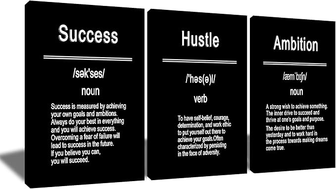 Success Hustel Ambition 3 Pieces Motivational Canvas Wall Art Inspirational Quote HD Pictures Wall Decor Posters Painting Artwork for Living Room Office Workplace Stretched and Framed [72''Wx 36''H]