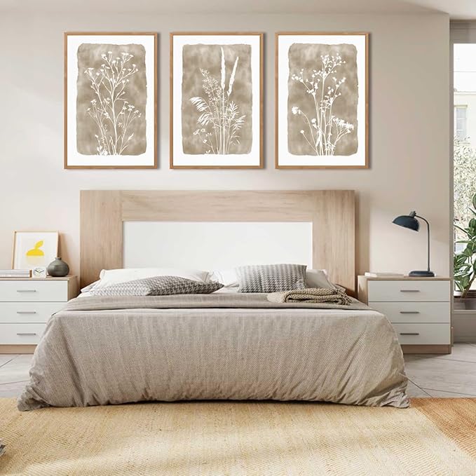 ANHUIB Extra Large Beige Floral Wall Art 24x36 Inch Neutral Floral Wall Decor Vintage Flower Artwork for Living Room Bedroom Office Set of 3