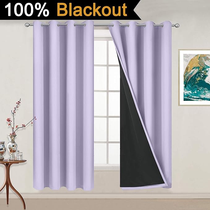 Yakamok 100% Blackout Curtains 54 Inches Long, 2 Thick Layers Thermal Insulated Window Treatment with Black Liner, Heat and Full Light Blocking Drapes for Bedroom(52Wx54L, Lilac, 2 Panels)