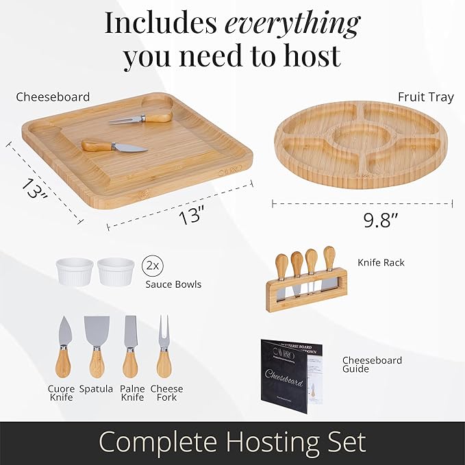 Charcuterie Board Set – Bamboo Cheese Platter with Knives, Bowls & Round Tray – Eco-Friendly Gift for Housewarming, Weddings & Parties – Wood Serving Board for Entertaining