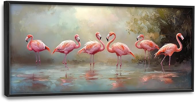 Flamingo Framed Wall Art for Living Room, Large Pink Birds Canvas Wall Decor, Animal Lake Pictures Painting, Modern Artwork for Bathroom Bedroom 60L'' × 30W''