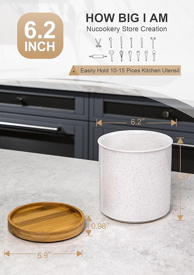 Nucookery 360°Rotating Utensil Holder, 7.2" Large Utensil Crock, Ceramic Cooking Utensil Organizer with Countertop-Protection Cork Bottom for Farmhouse Kitchen Decor Christmas Thanksgiving Gift (Sand)