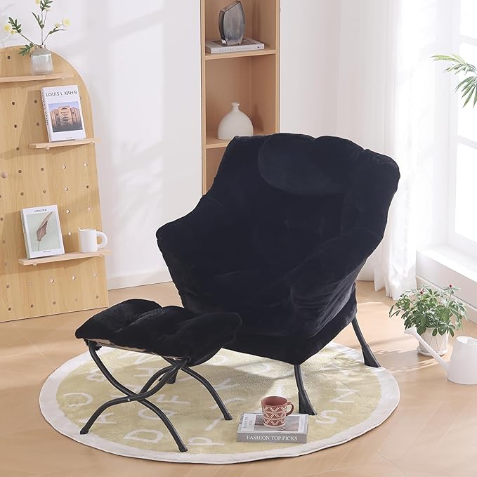 Lazy Chair with Ottoman, Modern Chair with Folding Footrest, Lounge Accent Chair, Comfortable Reading Chair for Bedroom, Study, Living Room, Small Space (Plush Black)