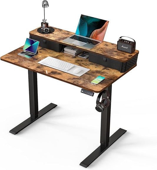 Electric Standing Desk with 2 Drawers 40''x 24'' Small Adjustable Height Sit to Stand Up Desk with Storage Shelf, C-Clamp Mount Compatible Home Office Desks Computer Gaming Table Ergonomic Workstation