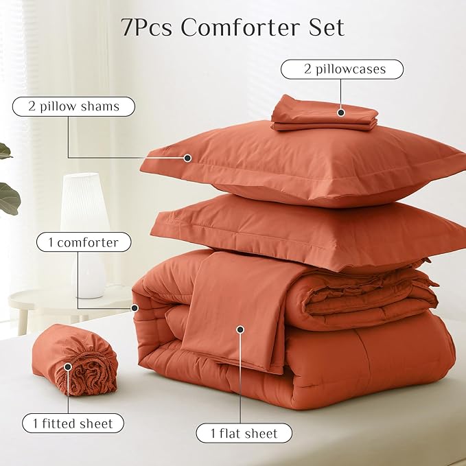 JOLLYVOGUE King Comforter Set, Ultra-Soft Bed in a Bag King Size 7 Pieces, Oeko-TEX Certified Bedding Set with Down Alternative Comforter, Sheets, Pillowcases & Shams, Burnt Orange