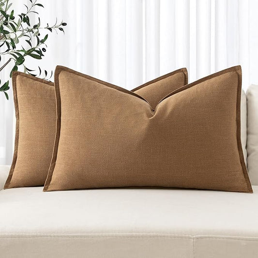 MIULEE Decorative Linen Lumbar Pillow Covers 12x20 Inch Brown Boho Farmhouse Neutral Couch Throw Pillows for Bed Pack of 2 Accent Modern Pillowcase Sofa Livingroom Home Decor