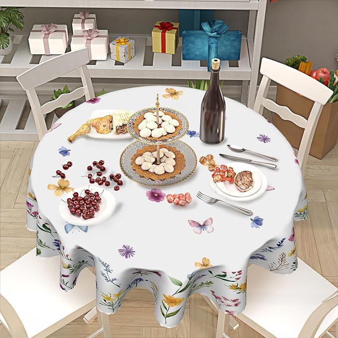 Spring Flower Round Tablecloth Spring Summer Floral Tablecloth Round 60 Inch Watercolor Wildflower Table Cloth Spring Butterfly Farmhouse Table Covers for Kitchen Dinner Picnic Party Indoor Outdoor