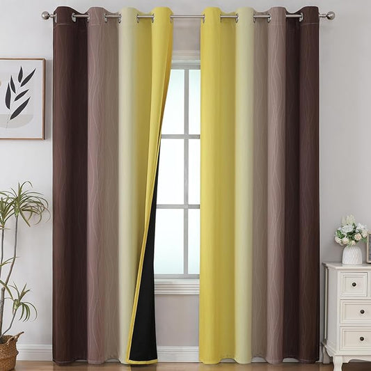 Estelar Textiler Brown and Yellow Gradient Blackout Curtains for Bedroom, Thermal Insulated Ombre Blackout Drapes, Full Light Blocking Energy Saving Curtains for Living Room, 52Wx96L, 2 Panels