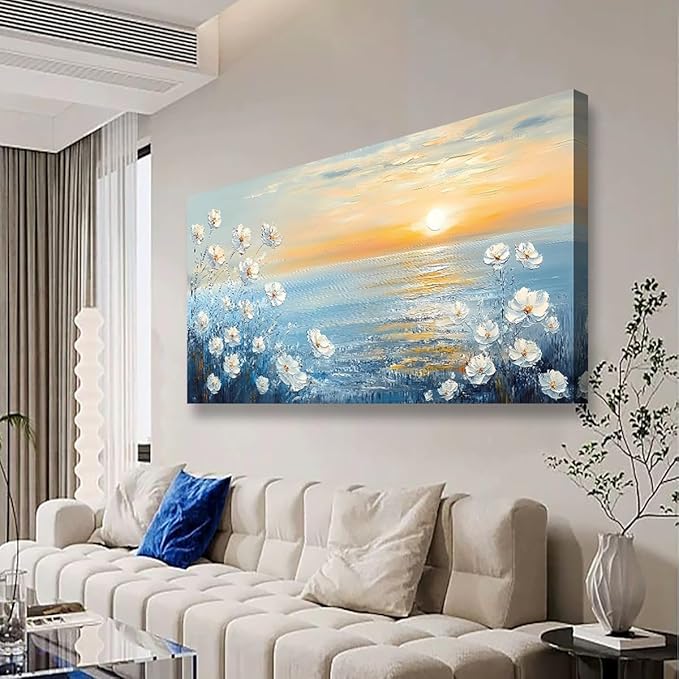 Seascape Pictures Canvas Wall Art for Living room Office Bedroom Wall Decor, Natural Landscape Wall Art Print Modern Noble White Flower Oil Painting Artwork Waterproof Ready to Hang-20x40inch