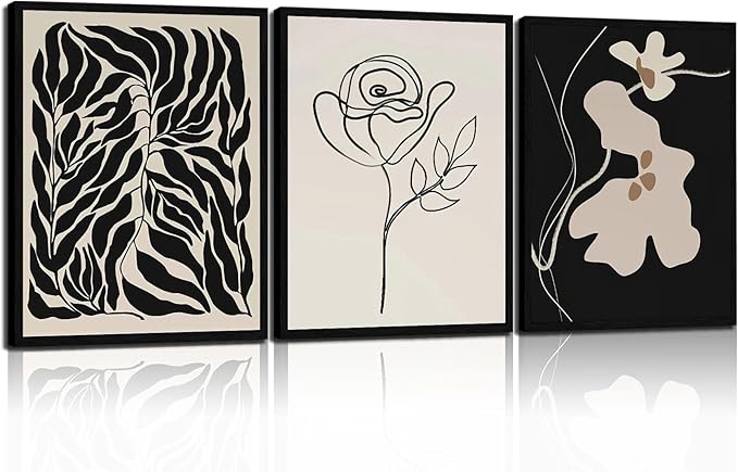 3Pcs Framed Canvas Wall Art Paintings Modern Botanical Prints Abstract Floral Posters Black and White Gallery Wrap Artwork for Living Room Bedroom Bathroom Office 16x24Inch