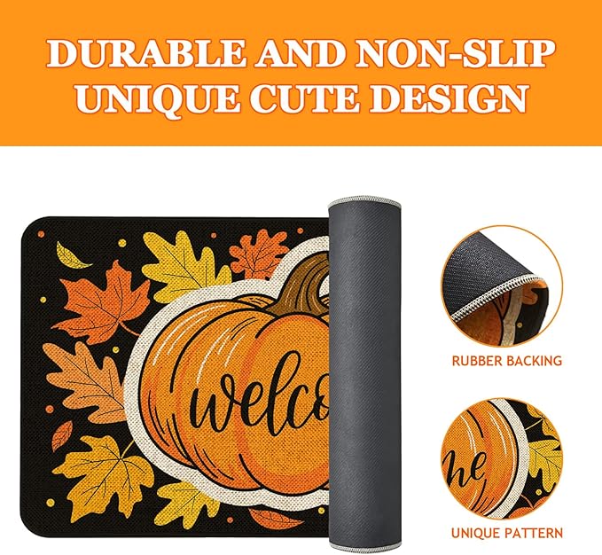 Fall Welcome Doormat 30x17 Inch Fall Pumpkin Front Door Mat Indoor Outdoor Entrance Floor Mats Non-Slip Washable Seasonal Autumn Thanksgiving Home Decor Rugs