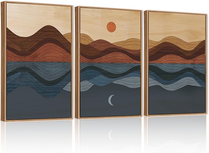 CHDITB Coastal Sunset Framed Canvas Wall Art Set, Nature Inspired Wall Decor, Mountain and Sea Artwork Spiritual Painting, Vintage Art Prints for Living Room, Bedroom, Office 24"x36"x3