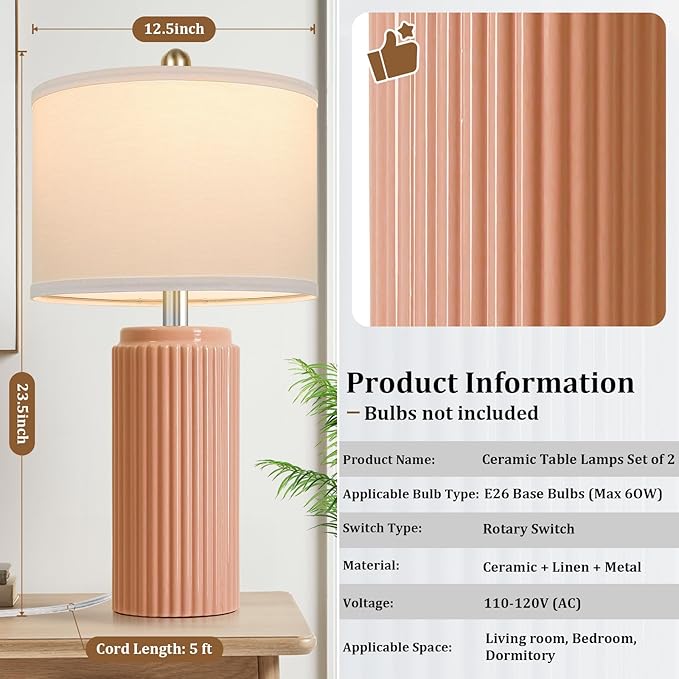 23.5’’ Orange Table Lamps for Bedroom Set of 2, Modern Ceramic Nightstand Lamps for Living Room, Retro Lamps with White Shade Set for Home Office End Table, Farmhouse Bedside Lamps for End Table Dorm