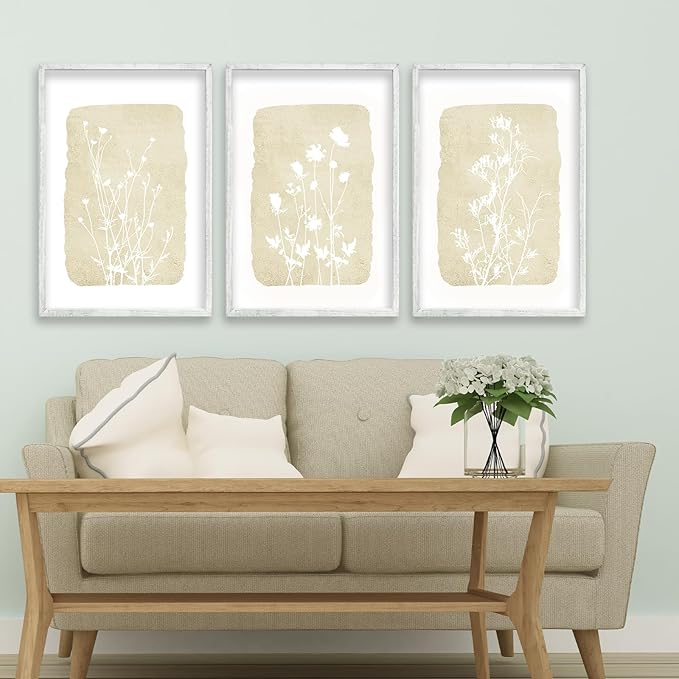Wildflower Floral Botanical Wall Art Decor 24x16 Inch 3 Piece Boho Plant Wooden Framed Sign Rustic Farmhouse Home Office Relax Illustrations Neutra Minimalist Living Room Wall Hanging (White)
