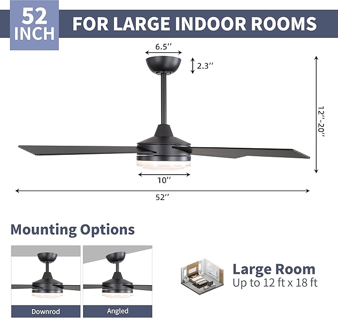 WINGBO 52 Inch Ceiling Fan with Lights and Remote, 3CCT, Modern Ceiling Fan with Ripple Glass Shade, 6-Speed Reversible DC Motor for Bedroom Living Room Kitchen Hallway, Matte Black