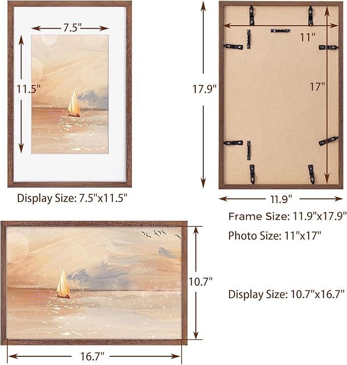 Fun Memories 11x17 Picture Frame, Natural Solid Oak Wood Frame 11 x 17 with Tempered Glass, 11''x17'' Matted for 8x12 Picture, Minimalist Wooden by Poster Art Walnut