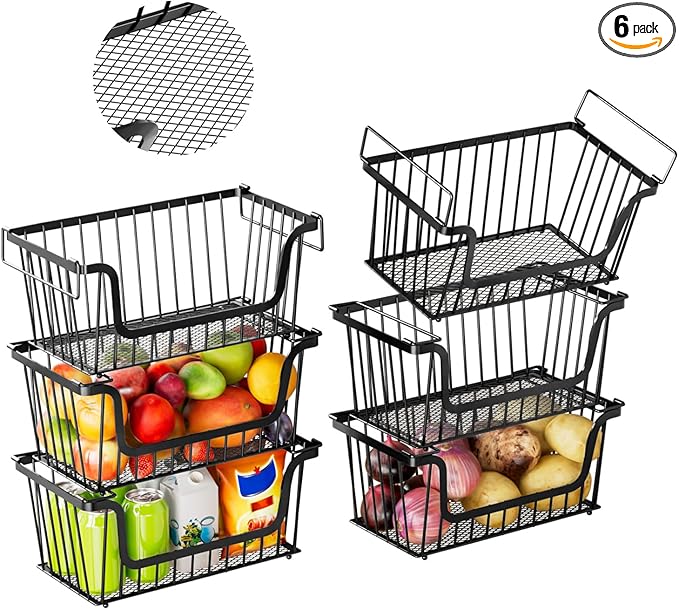 Enhanced Leak-Proof Bottom Stackable Wire Baskets, 6 Pack Pantry Organizers and Storage, pantry storage，Shelf Baskets, Fruit Basket, Potato and Onion Storage Bins，(Black)