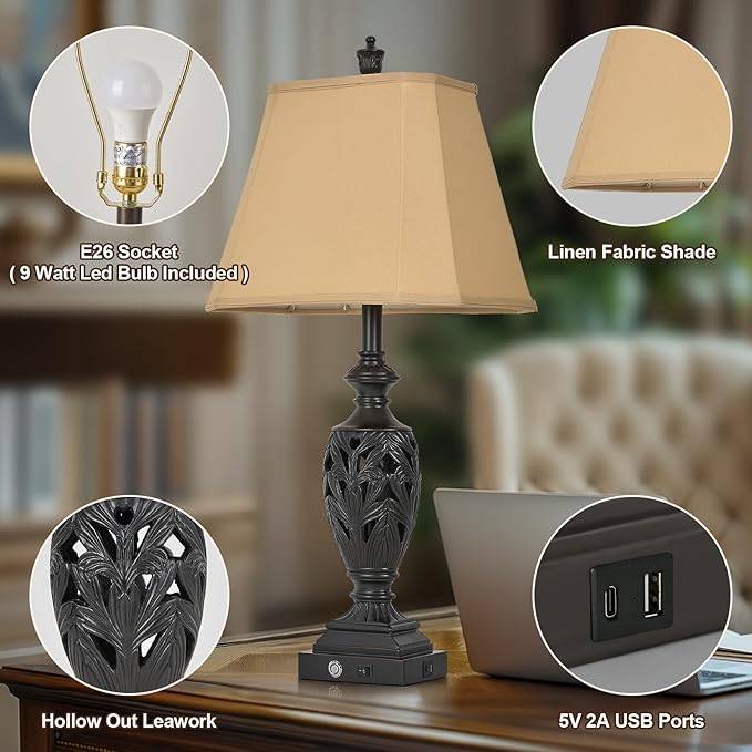 29.5" H Touch Traditional Table Lamp Set of 2,Vintage Bedside Nightstand Lamps with Dual USB and Night Light, 3-Color Hollow Out Leafwork Black Gold Finish Desk Lamps for Living Room,Bedroom