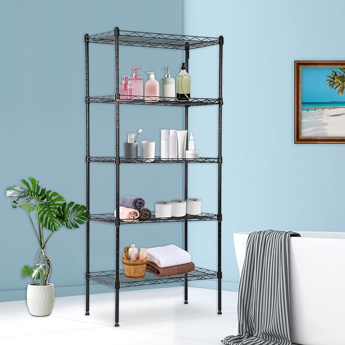 BestOffice | 5-Tier Wire Storage Shelves | 22x12x48 | Black | with Adjustable Racks | Heavy-Duty Metal Shelf, Holds Upto 750 lbs | No-Tool Assembly | Ideal for Home & Garage Shelving