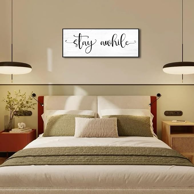 Stay Awhile Sign Wall Decor: 40''×15'' Farmhouse Kitchen Wall Art Print Rustic Framed Canvas Painting, Large Black Hanging Plaque for Dining Room Living Room Bedroom Home Decor