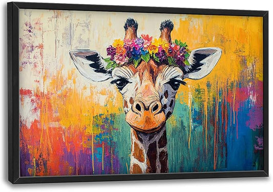 Framed Large Wall Art for Living Room, Banksy Deer Canvas Wall Decor, Large Giraffe Picture Framed Painting, Modern Artwork for Bedroom Office 36L'' × 24W''