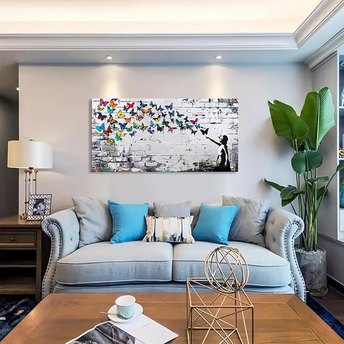 Colorful Graffiti Wall Art Funny Butterfly Paintings Banksy Street Art Mural Pop Art Home Office Wall Decor Framed Canvas Wall Decor for Living Room Ready to Hang - 48x24in