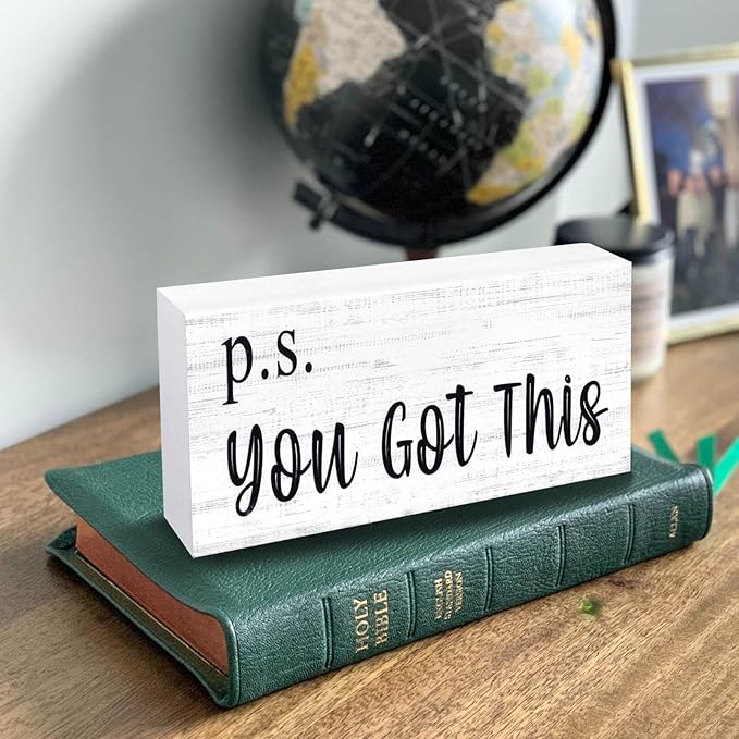 Esur Motivational Home Office Desk Decor - Farmhouse Wooden Box Sign Gift for Women - P.S. You Got This(White)
