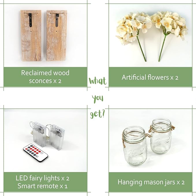 Besuerte Mason Jar Wall Sconces Set of Two, Wall Deco Cute Wall Decor with LED Fairy Lights, Art for Living Room Modern Decorations, House Decor, Rustic Brown