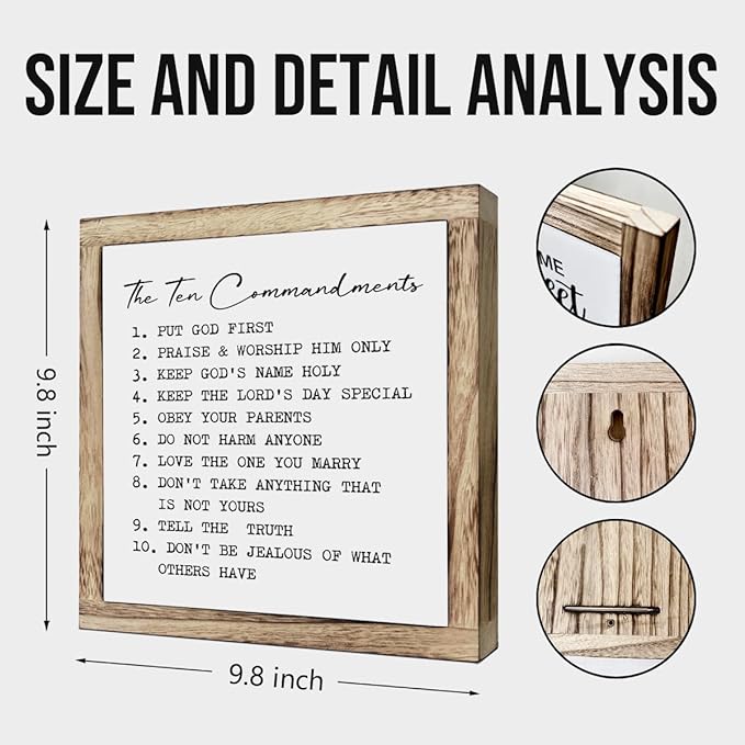 The Ten Commandments Sign, Farmhouse Home Decor, Living Room Decor, Kids Bedroom Decoration, Christian Desk Signs, Commandments for Kids, Encouragement Gift, Wooden Plaques Box Signs, 9.8 * 9.8 Inch